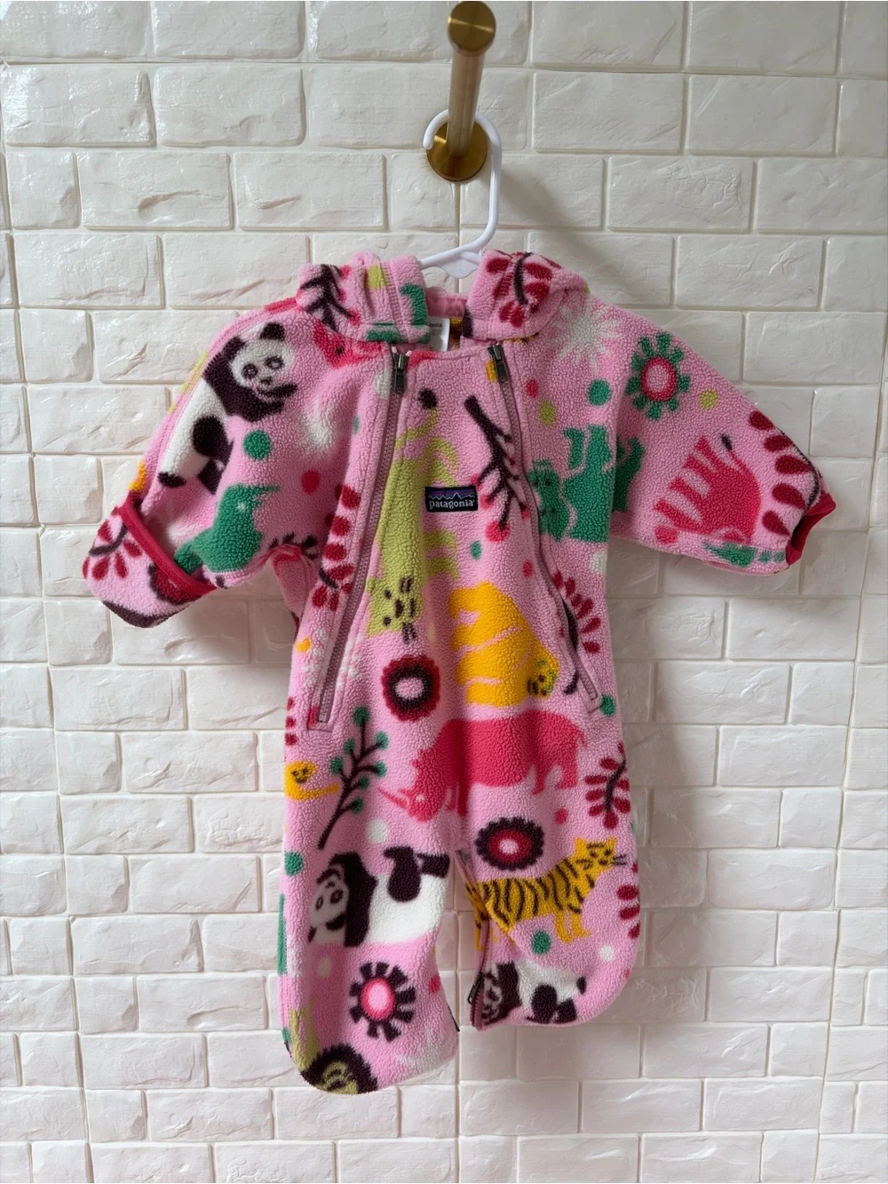 Patagonia Pink Animal Fleece One-Piece Fleece Suit with Hood